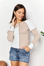 Double Take Color Block Exposed Seam Top Trendsi