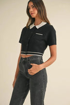 Mazy Button Down Contrast Collared Knit Cardigan Trendsi
