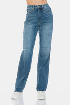 Sleek and Stylish Full Size Tummy Control Cut Raw Hem Straight Jeans Trendsi
